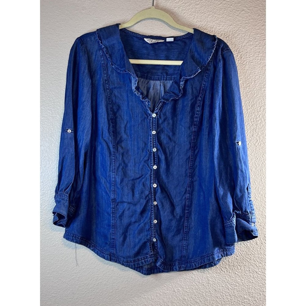 Cafe Marrakesh Size Large Lyocel Long Sleeve Button Ruffle Collar Shirt